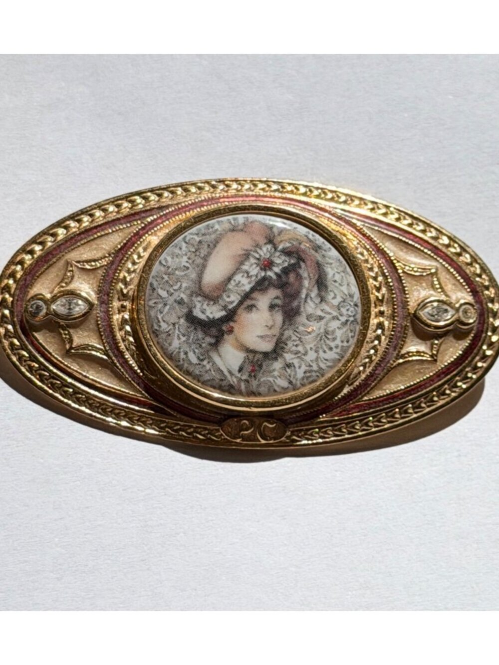 Vintage Avon Gold-Tone Victorian Lady Brooch With Porcelain Centerpiece & Ornate